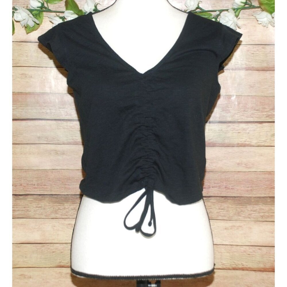 Roxy Black Cropped Knit Rib Top Size L Short Ruffle Sleeve Ruched Tie Up V-Neck